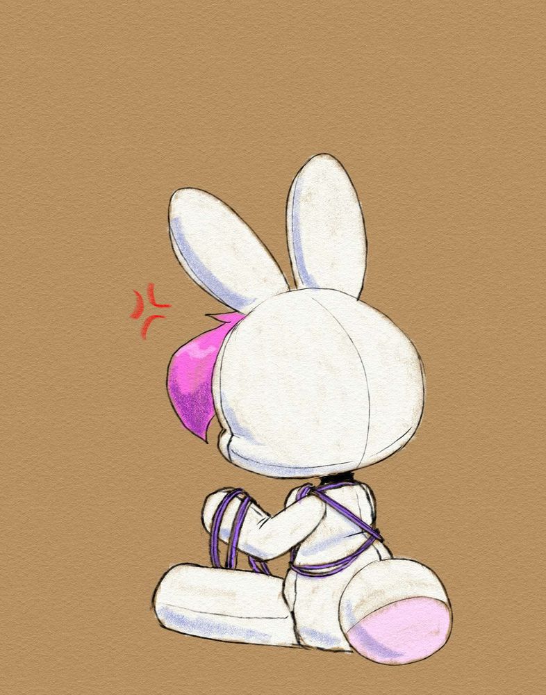A digital sketch of a white living plush bunny sitting on the floor, her back towards the viewer, as she struggles with a purple rope.