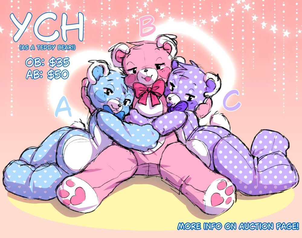 A YCH sketch featuring 3 living teddy bears. The two on the sides are leaning against the one in the middle with one arm around them, and the one in the middle holds them both with one paw behind each of their heads. All of them are looking at the viewer with bedroom eyes.
