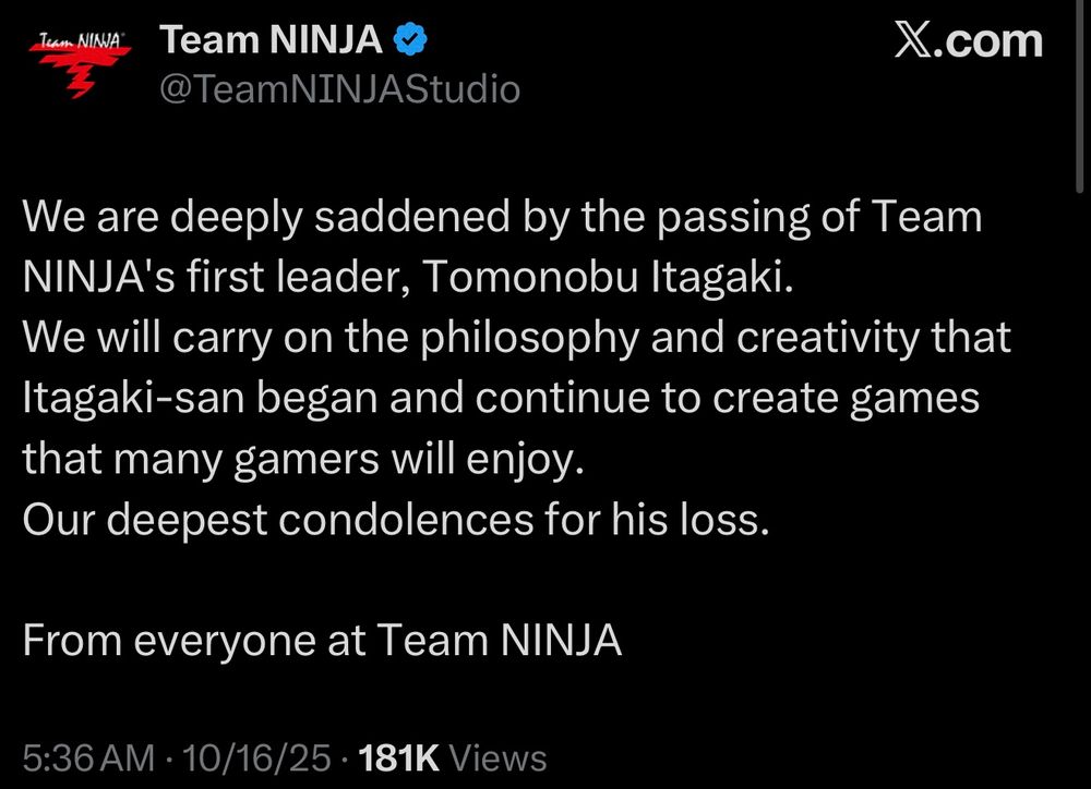 In a social media post, Team Ninja confirmed the passing of Tomonobu Itagaki. 
