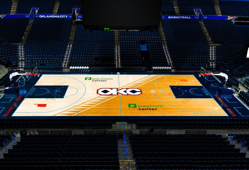 The OKC Thunder’s “City Edition” court, featuring designs and colors inspired by the native and indigenous cultures of Oklahoma