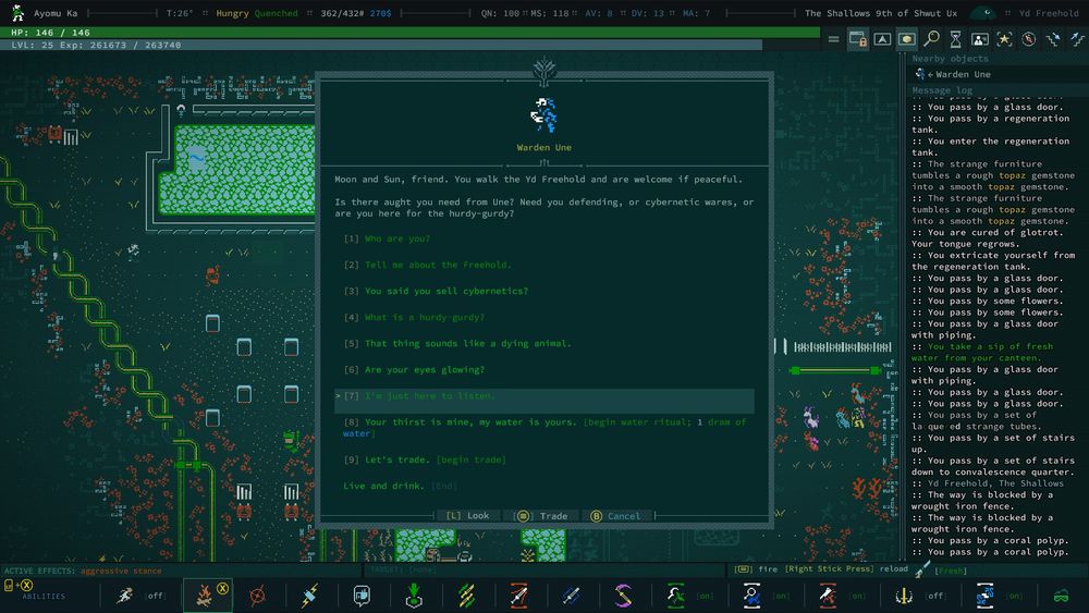 A screenshot from Caves of Qud showing a UI window for interacting with Warden Une. One option is to learn what a hurdy-gurdy is and another is "I'm just here to listen"