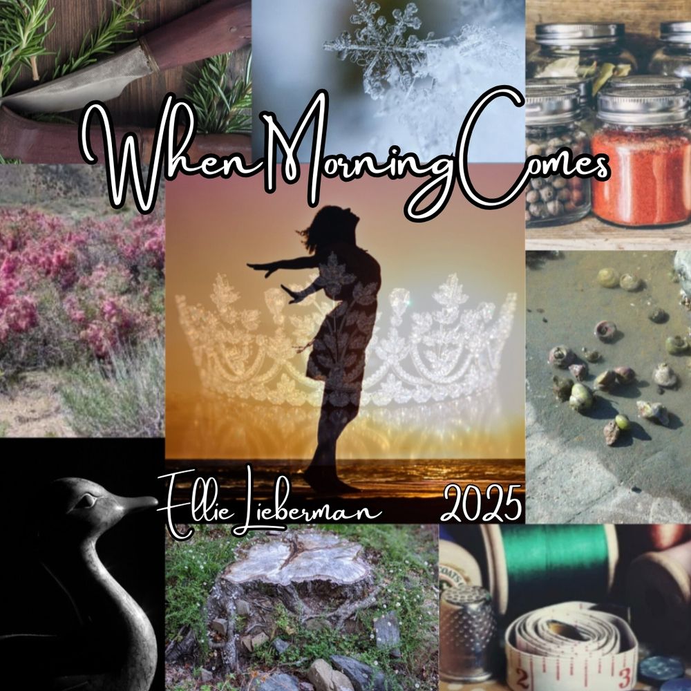Moodboard featuring 9 photos going from top left, around to the right, wrapping around the bottom and left, and into the middle...
A knife
A snowflake
Jars of herbs
Seashells on the sand
Sewing thread, tape measure, and thimble
Tree stump surrounded by green and flicker speckles
Black and white wooden duck
Desert peach
Silhouette of a woman with her arms held out like she's about to take off into the pink and orange sunrise with a faded crown superimposed on it 

White words read: When Morning Comes, Ellie Lieberman 2025