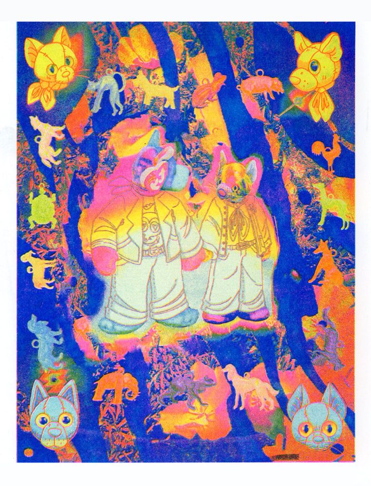 A collage piece, a beanie baby dog and cat hold hands, a photograph of california poppies in the background, streaked over with blue. Plastic animal charms border them, with portraits of the two lovers decorating each corner