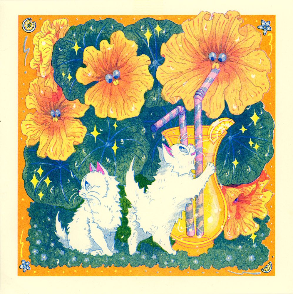 An anthropomorphic nasturtium flower is drinking a tall glass of lemonade out of a pink/lavender straw, with two white kittens in the foreground. One is curious, standing and leaning it's paws against the glass. In a red/orange/blue/white/yellow color scheme.