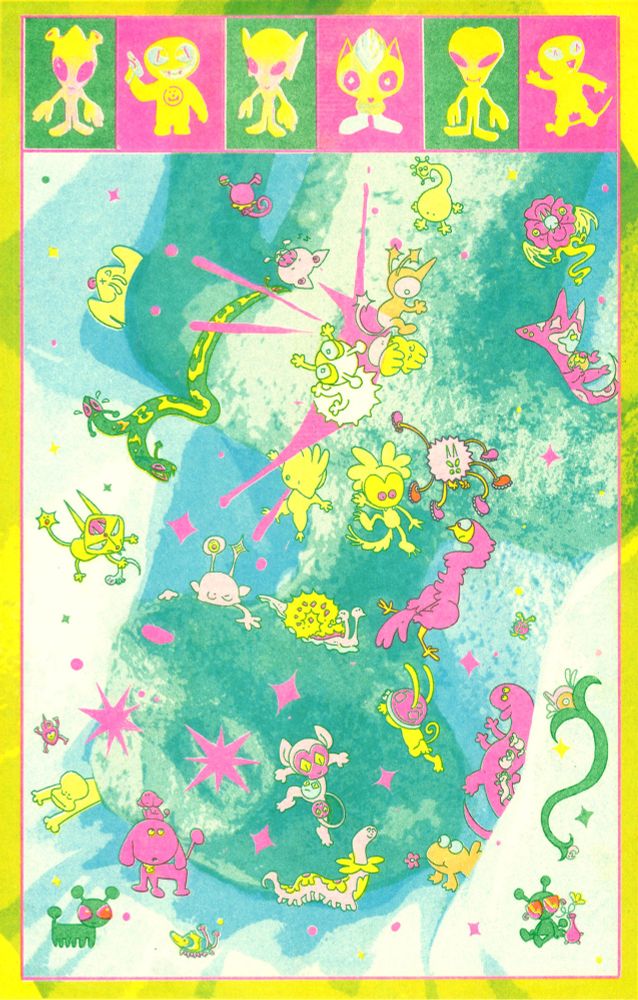 a teal, blue, pink and yellow risograph piece of a photograph of a prone alien, with many small, cartoon aliens crawling out of a gap in his chest. There are pictures of small toy figures in boxes at the top