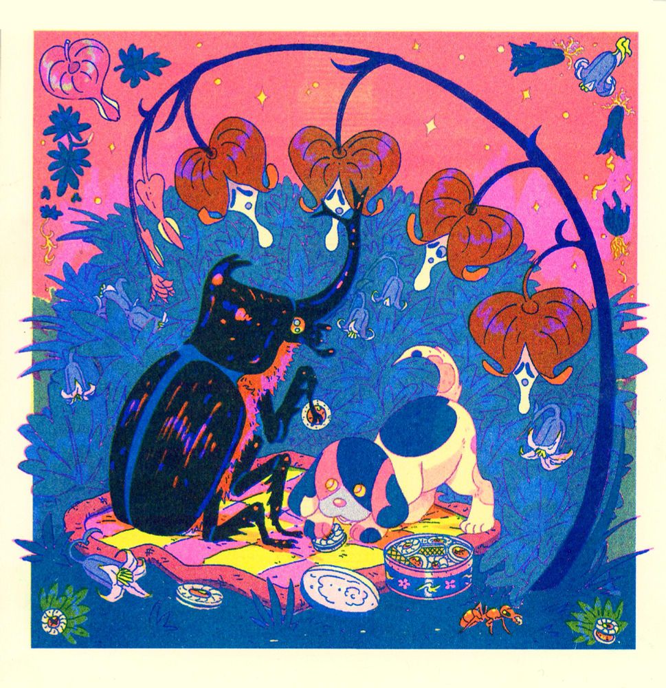 A huge staghorn beetle is eating cookies with a puppy out of a tin, with bleeding hearts flowers with faces snoozing over them, one awake and observing. In a hot pink/blue/yellow/teal color scheme.