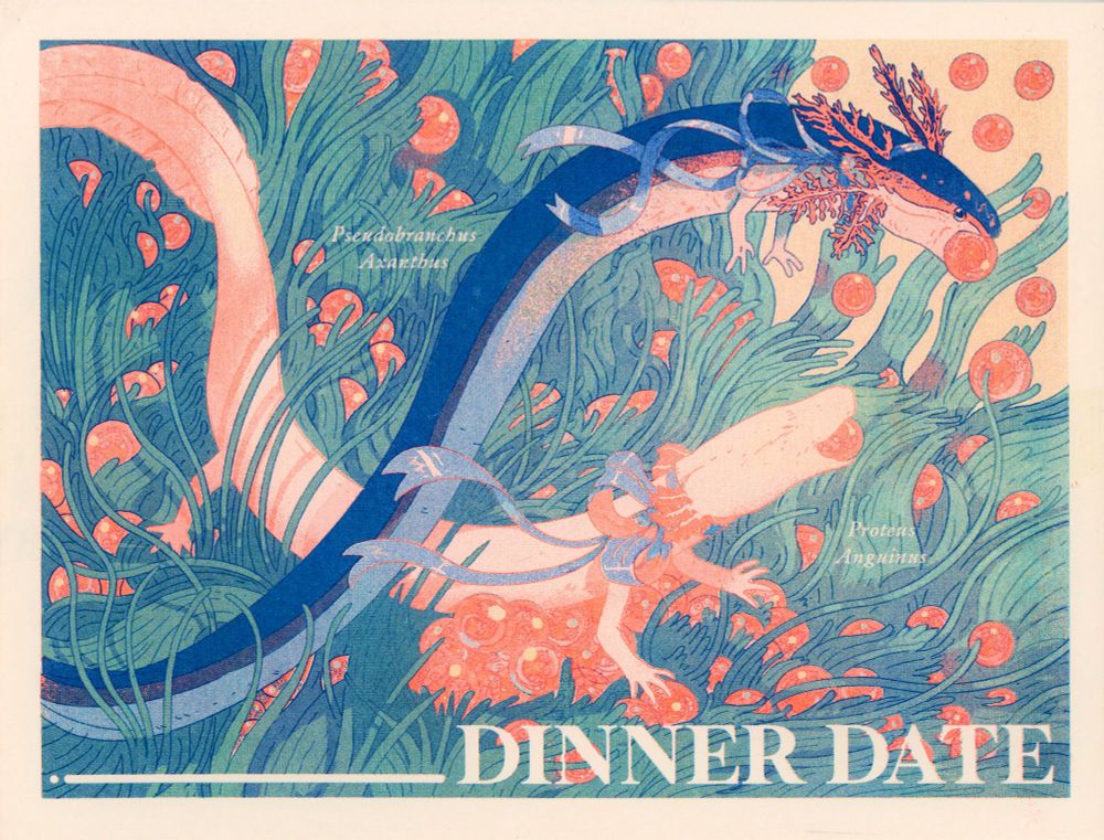 An olm and a lesser siren, both wearing blue bows, feast upon fish eggs together. Their scientific names are next to them. At the bottom, there is text titling the piece "Dinner Date" 