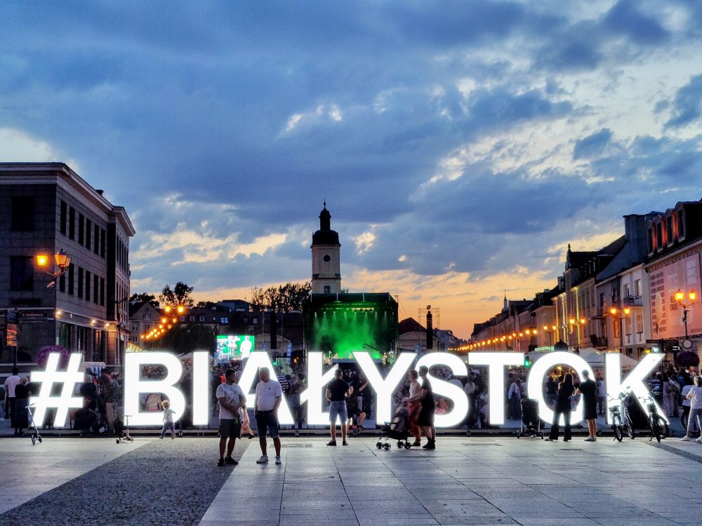 The #Białystok sign on Rynek Kościuszki (Kosciuszko Market Square) in Białystok, Poland.