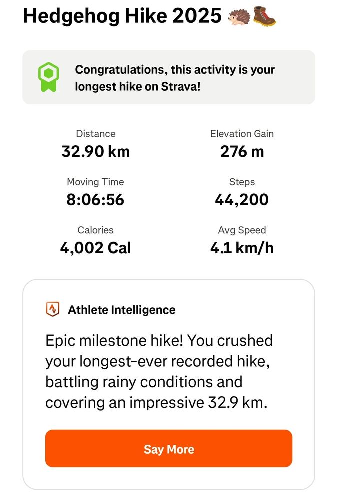 Distance: 32.90 km
Elevation Gain: 276 m
Moving Time: 8:06:56
Steps: 44,200
Calories: 4,002 Cal
Avg Speed: 4.1 km/h
