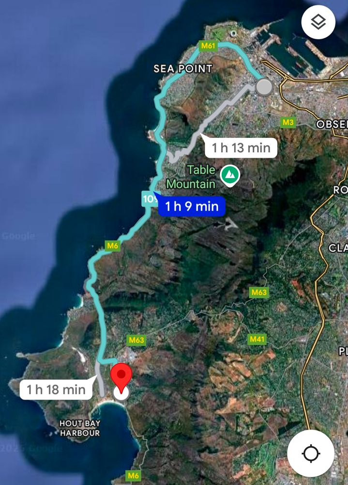 Google maps screenshot of a bus route connecting Cape Town to Hout Bay along the Atlantic coast