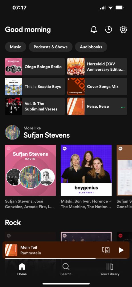 My spotify homepage, showing Beastie Boys, Oingo Boingo, Slipknot, Rammstein, and suggestions based on my love of Sufjan Stevens. My currently playing song is Mein Teil by Rammstein. This last week was a big Slipknot week for me. Been listening to a lot of metal I enjoyed when I was a teen.