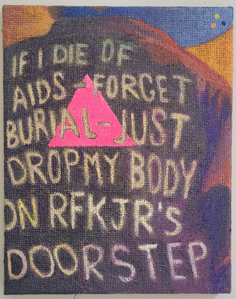 A painting on burlap of an anthropomorphic dog from behind, though you can barely see his figure. The composition is dominated by the back of his jacket, which reads 