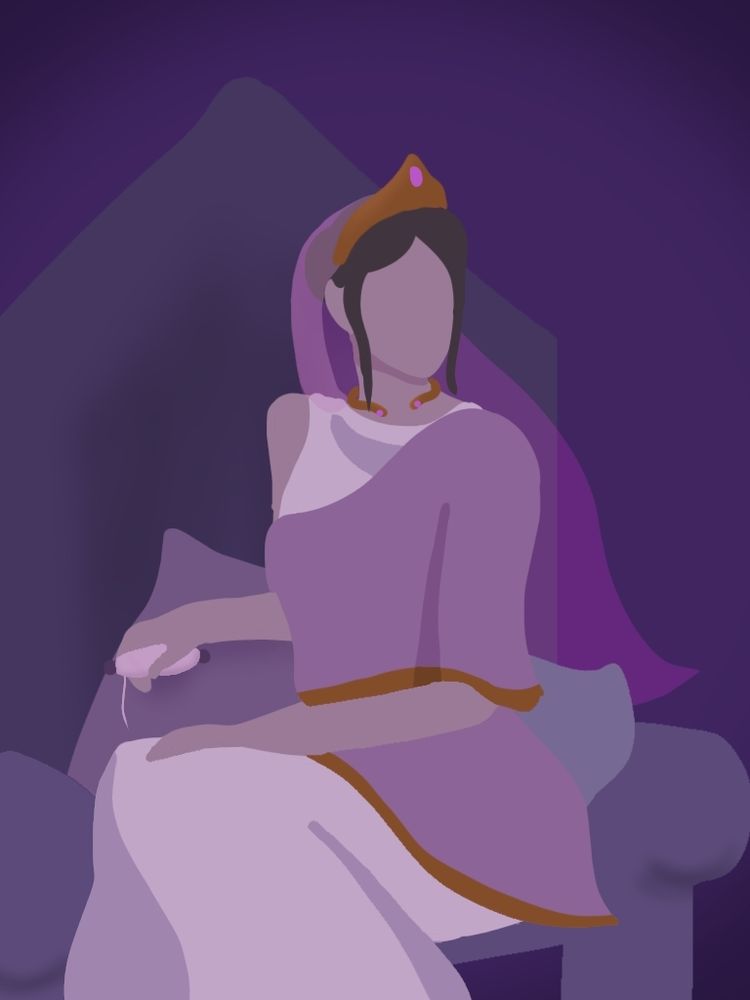 Penelope on her throne in Ithaca, veiled and looking out past the viewer. She holds a skein of thread, and is drawn in shades of purple with golden-bronze accents.