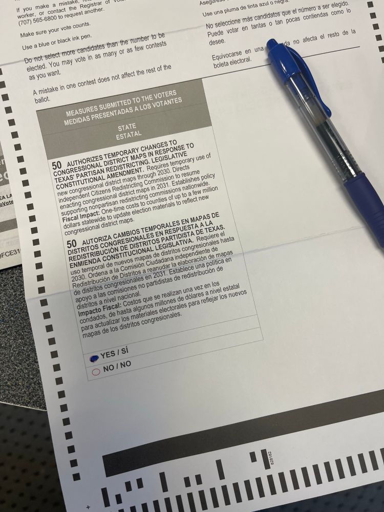 My CA ballot showing I voted “yes” on Prop. 50