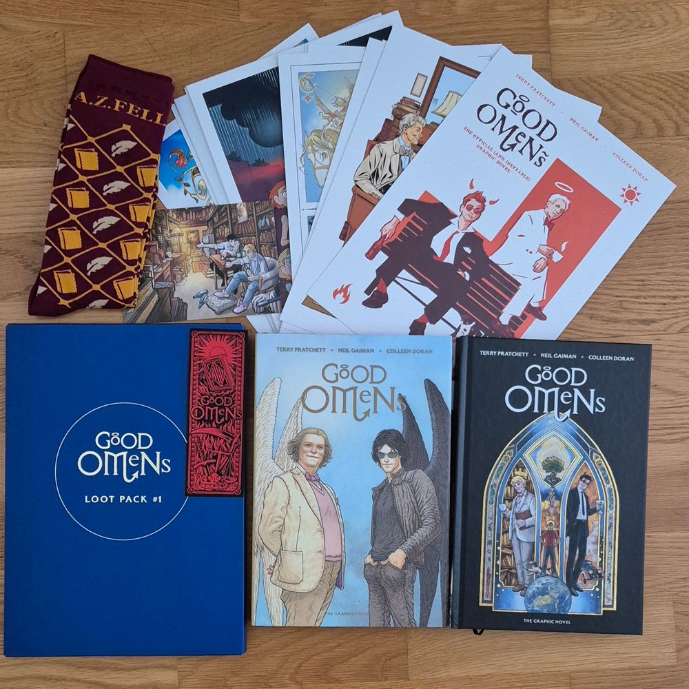 2 Good Omens graphic novels with the bookshop socks and the loot pack 1