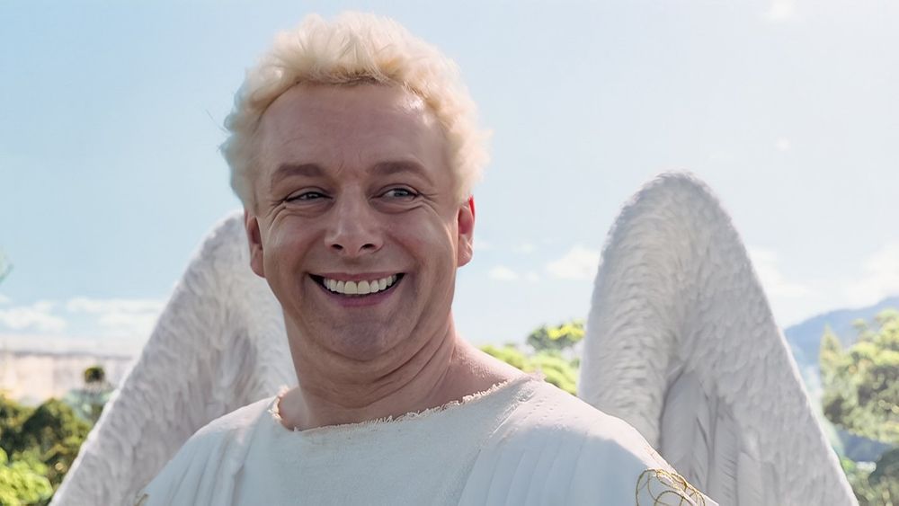 Aziraphale smiling at Crowley on the Wall of Eden