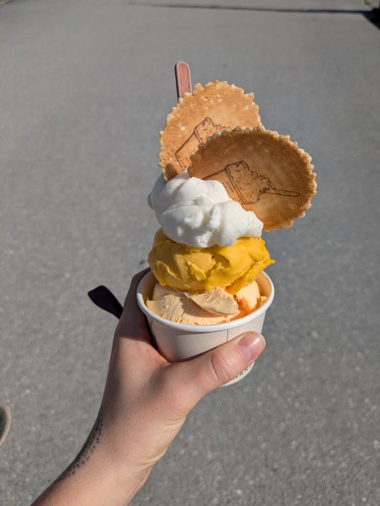 a hand holding a paper cup with three scoops of different sorbet ice stacked on top of each other. on the very top are two little golden wafers.