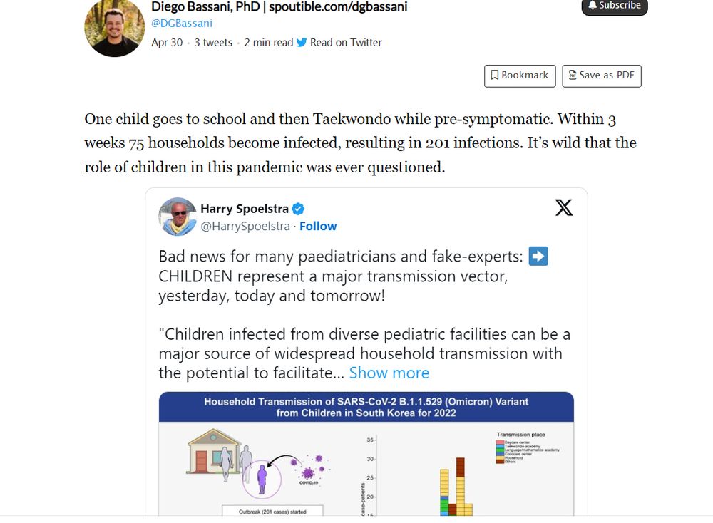 Text in image says "One child goes to school and then Taekwondo while pre-symptomatic. Within 3 weeks 75 households become infected, resulting in 201 infections. It's wild that the role of children in this pandemic was ever questioned." Followed by link to study.