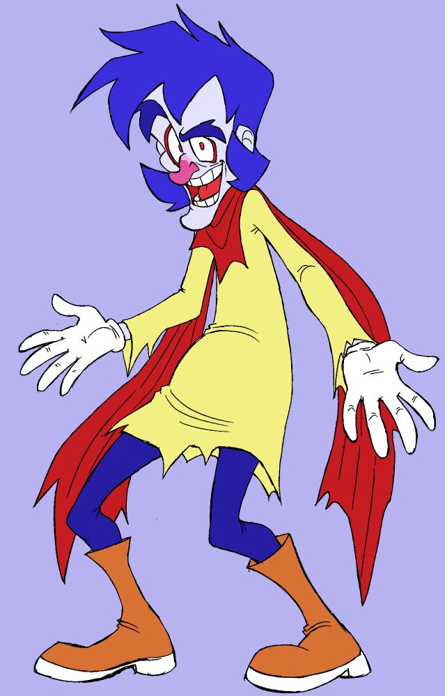 Blizzard: A scruffy, skinny-limbed guy with messy hair wearing primary colours. He has ice powers.