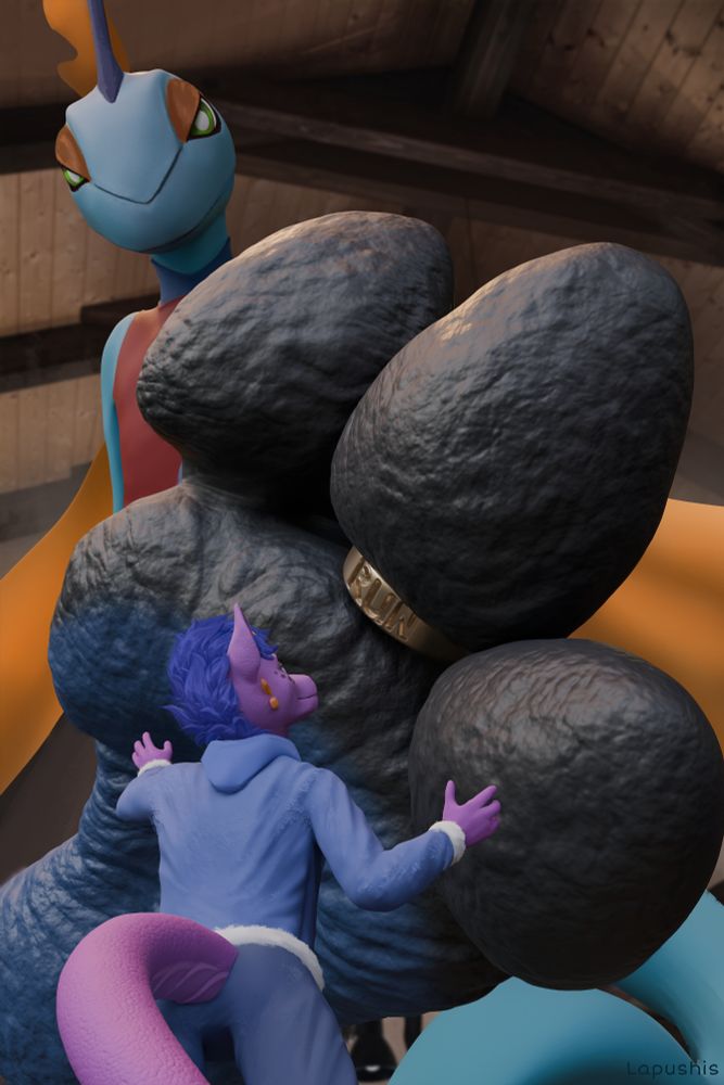 A FRICKIN HUGE Inteleon foot looming over a tiny purple dragon twink who is about to get the squashing of his lifetime under my unreasonably thick water lizard toes >:3
