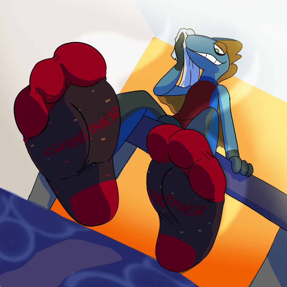 A smug anthro Inteleon lounges on a bench, feet planted high and dominant in view. He's wearing black and red socks with “GAME OVER” written on the soles. Two tiny micros are trapped and pressed into the fabric—barely visible, completely overwhelmed. He wipes sweat from his brow with a smug, victorious grin, basking in power. You can see outlines of his sweat footprints below his vast soles. 