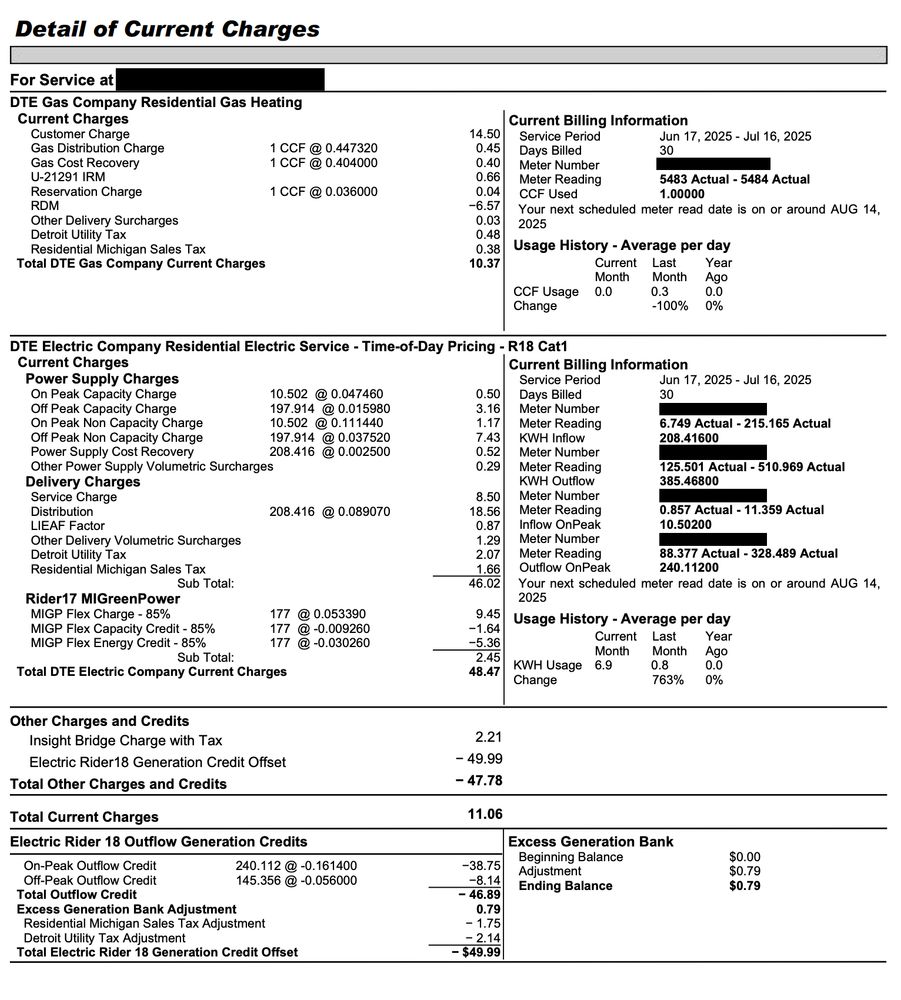screenshot of my DTE bill, showing $10.37 in gas charges, $48.47 in electric charges, and -$49.99 in electric credits.