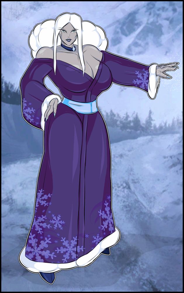 A pale, white haired woman stands upon an snowy mountain path. She wears a fur trimmed kimono type robe and blue sash. The robe hangs down exposing her shoulders and a great deal of cleavage from her very large breasts  