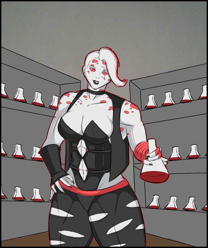 An albino woman with red spots dotting her head and shoulder area stands in front of two shelves stocked with erlenmeyer flasks containing blood. She wears a black corset with straps pulling open holes in the middle to reveal her ads, a black vest and black tights full of holes. She hold one of the flasks in her hand.