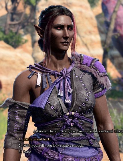 A screenshot of a brown skinned drow Tav from the game Baldur's Gate 3. She is wearing a purple and black dyed version of the barbarian starting gear