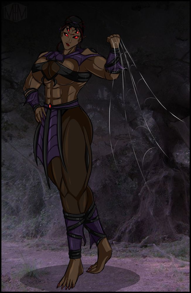 A muscular, busty spider monster girl in a barbarian styled purple and black outfit her legs covered in sheer black tights. Her face is uncovered and she wears a smug facial expression. She grasps a series of wispy web lines in her hand