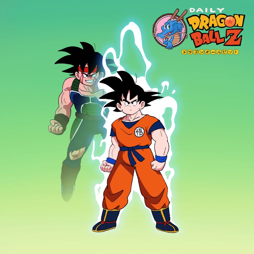 Goku stands ready to fight, energy streaming off of him. Behind him floats the phantom of a Saiyan who looks exactly like him but in Saiyan armor and headband.