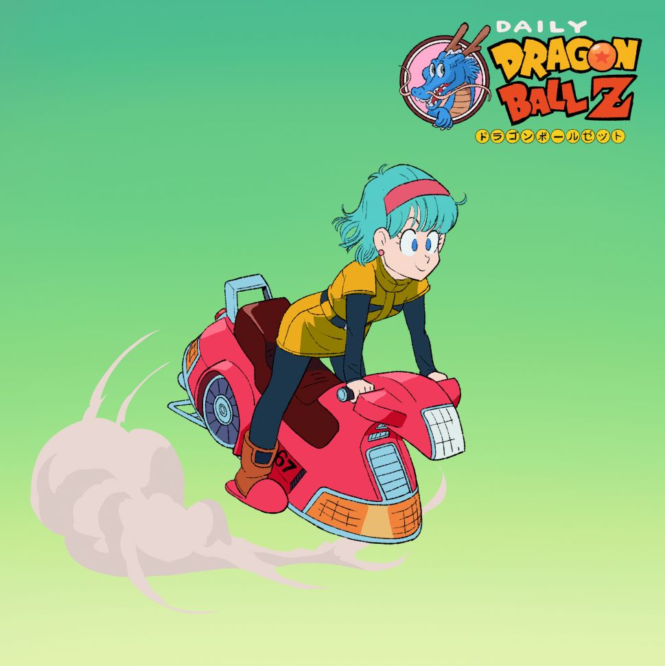 Bulma takes off on her hover scooter, looking cheerful.