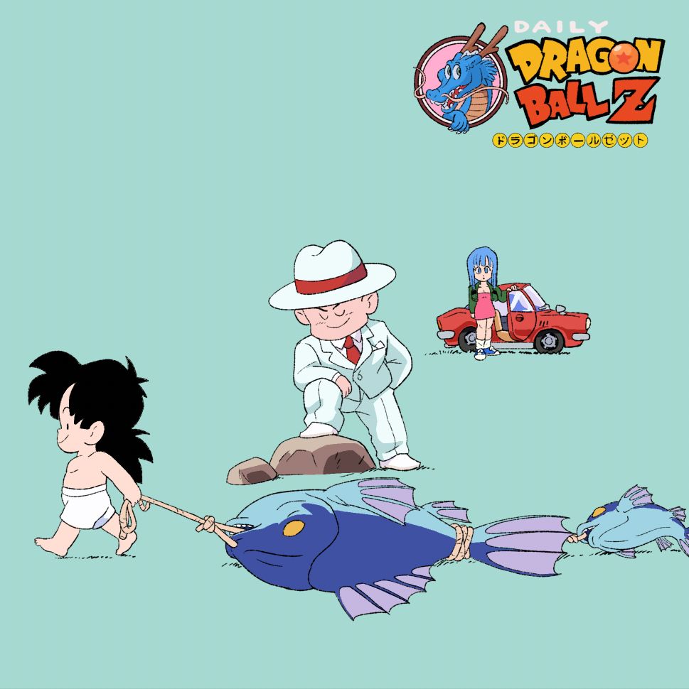 Gohan in his boxer shorts, drags two giant fish while Krillin stands by looking smooth wearing an all white suit and fedora. In the distance. Maron, who looks a lot like Bulma, steps out of a sports car.