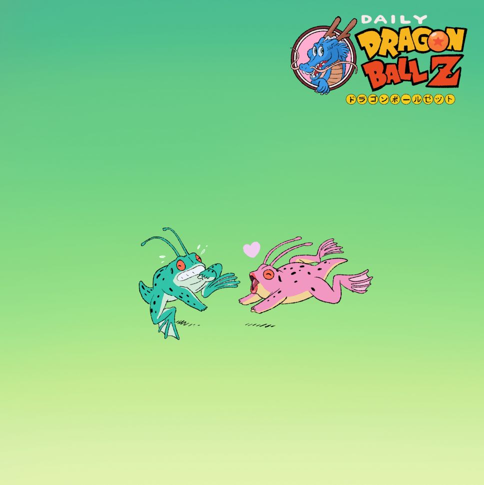 Ginyu frog panics as a pink frog with lipstick leaps toward him.