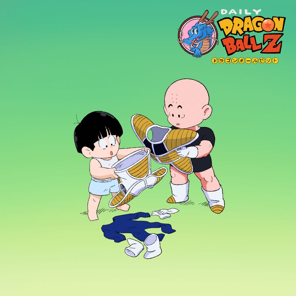 Gohan in boxers and a tank top stretches out his new armor while the rest of his outfit lies on the floor. Krillin admires his armor as well.