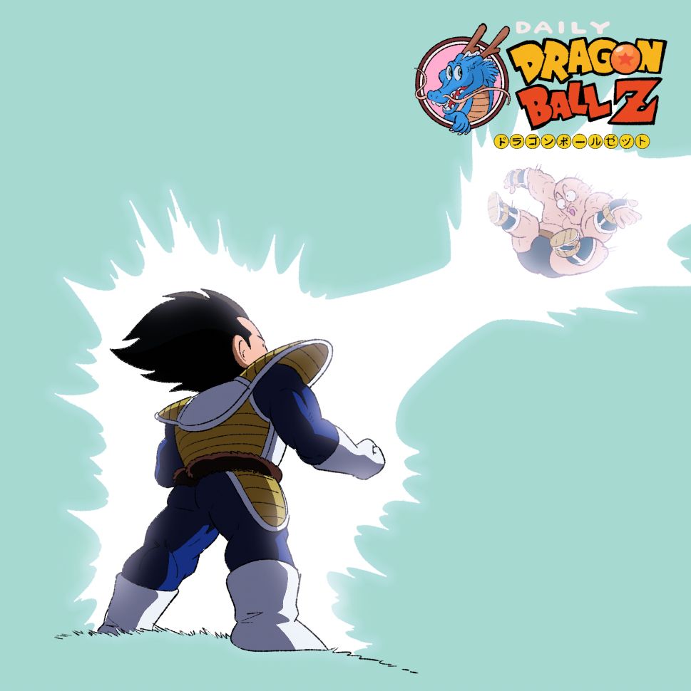 Vegeta blasts Nappa with energy. Nappa squirms with pain as he's about to explode.