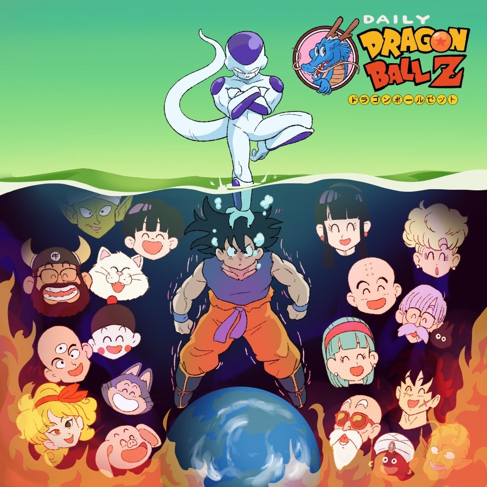 Goku is held under water by Frieza. Goku is surrounded by images of the Earth and all his smiling friends besides Yajirobe. They are all surrounded in flames.