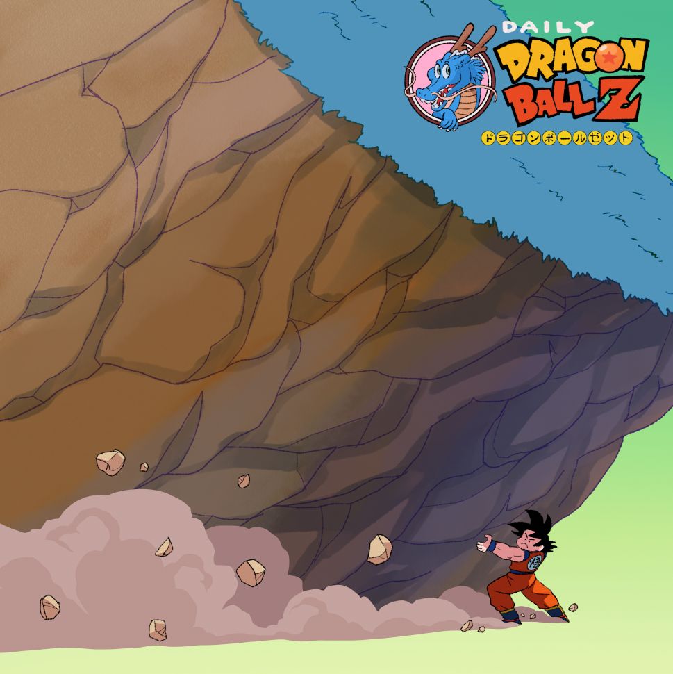 Goku clutches a massive chunk of rock with grass on top.