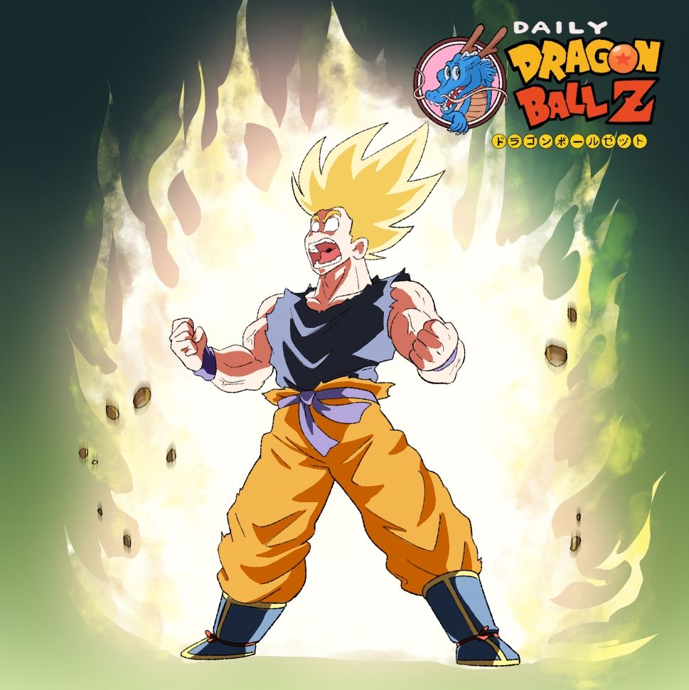 Flames erupt out of Goku as he screams, his eyes turning white and hair glowing with energy. Dude looks mad.
