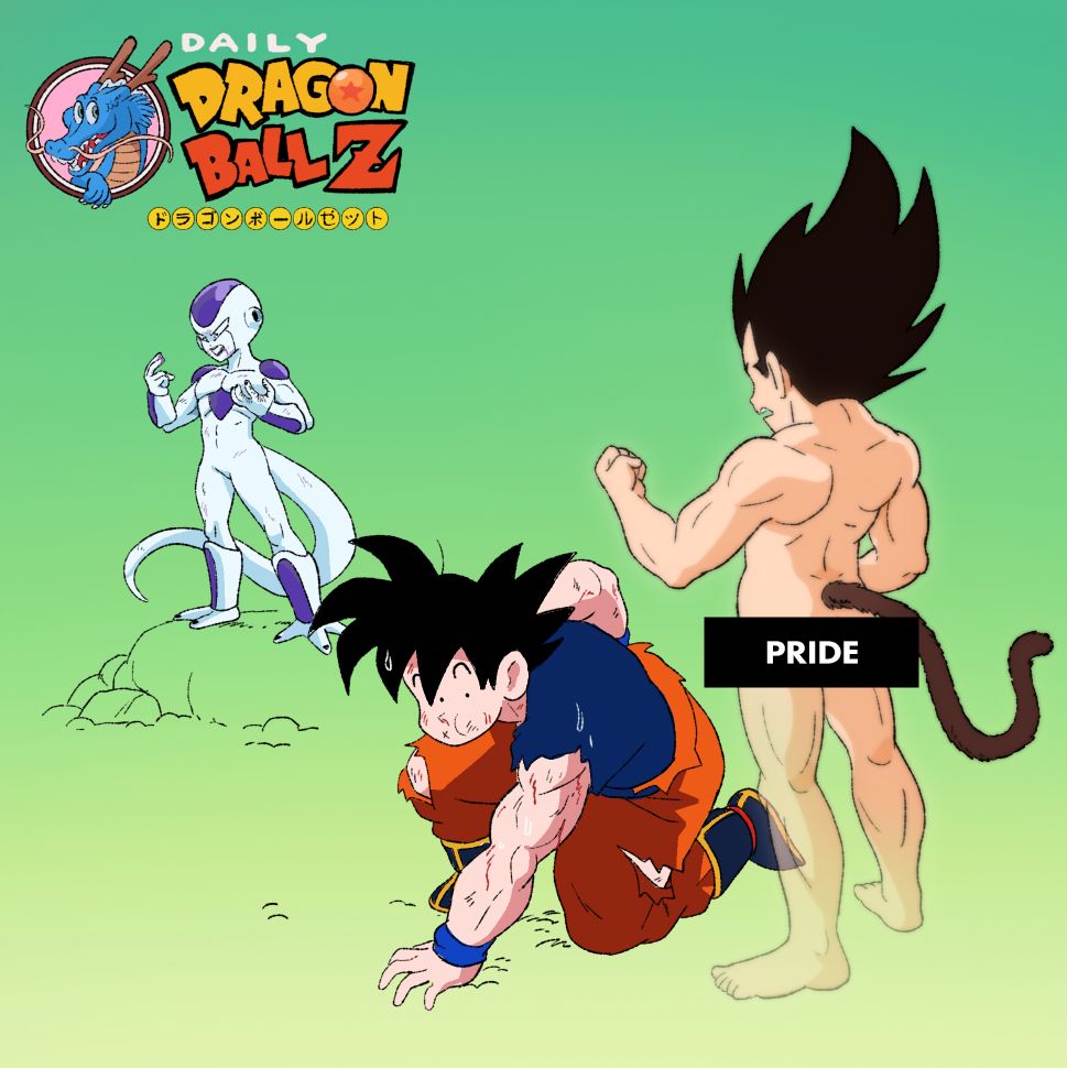 While Frieza marvels at the sight of his own blood, Goku takes a breather on one knee and notices a spectral naked Vegeta. A black bar is over his butt with the word PRIDE written on it.