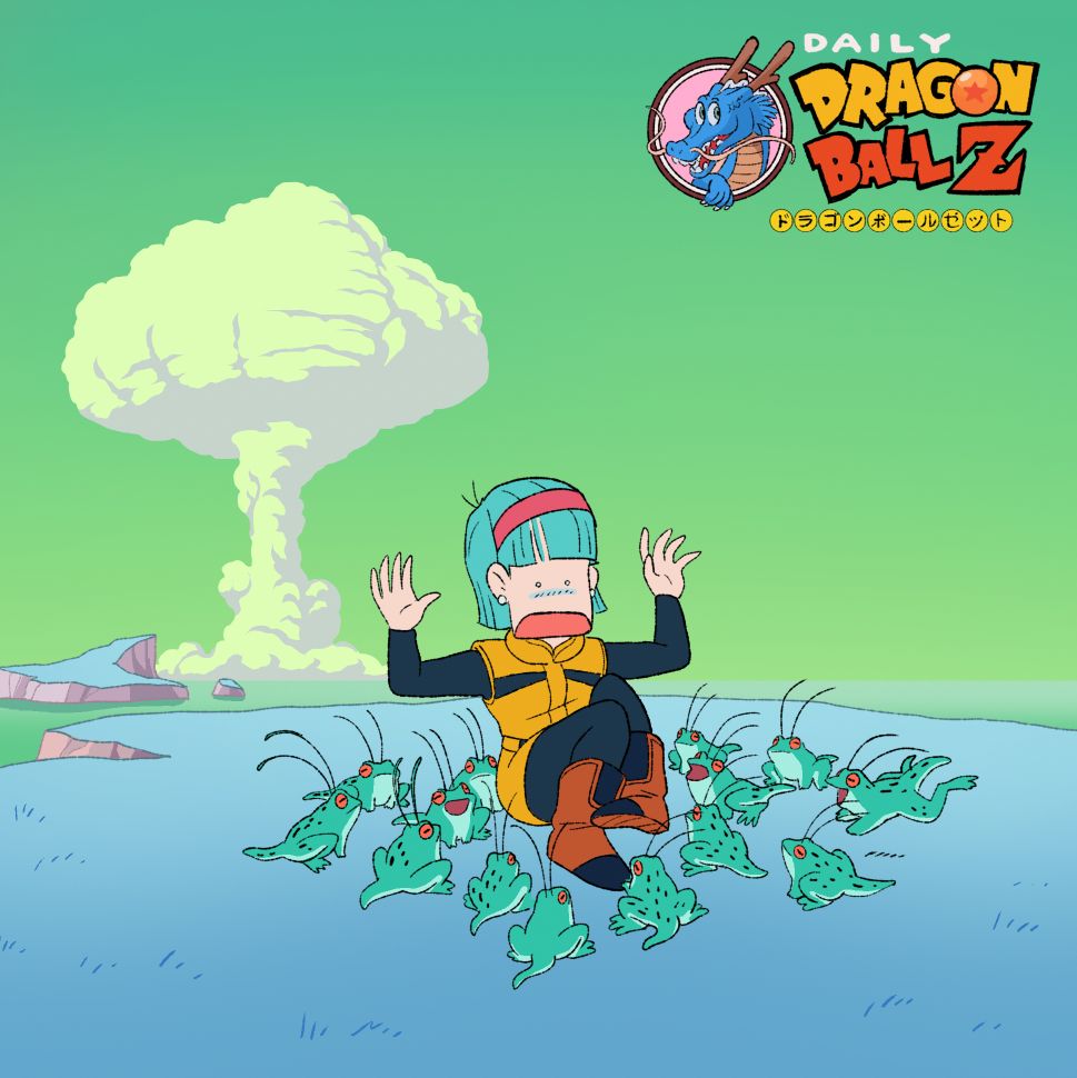 Bulma sits on the ground and looks horrified as she is surrounded by Namekian Frogs (Frogs with tails and antennae) In the far distance a huge mushroom cloud rises into the sky.