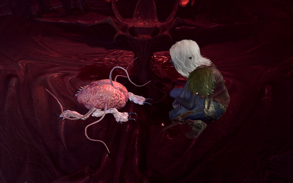 A screenshot from Baldur's Gate 3 of a drow druid crouching to look at an intellect devourer.
