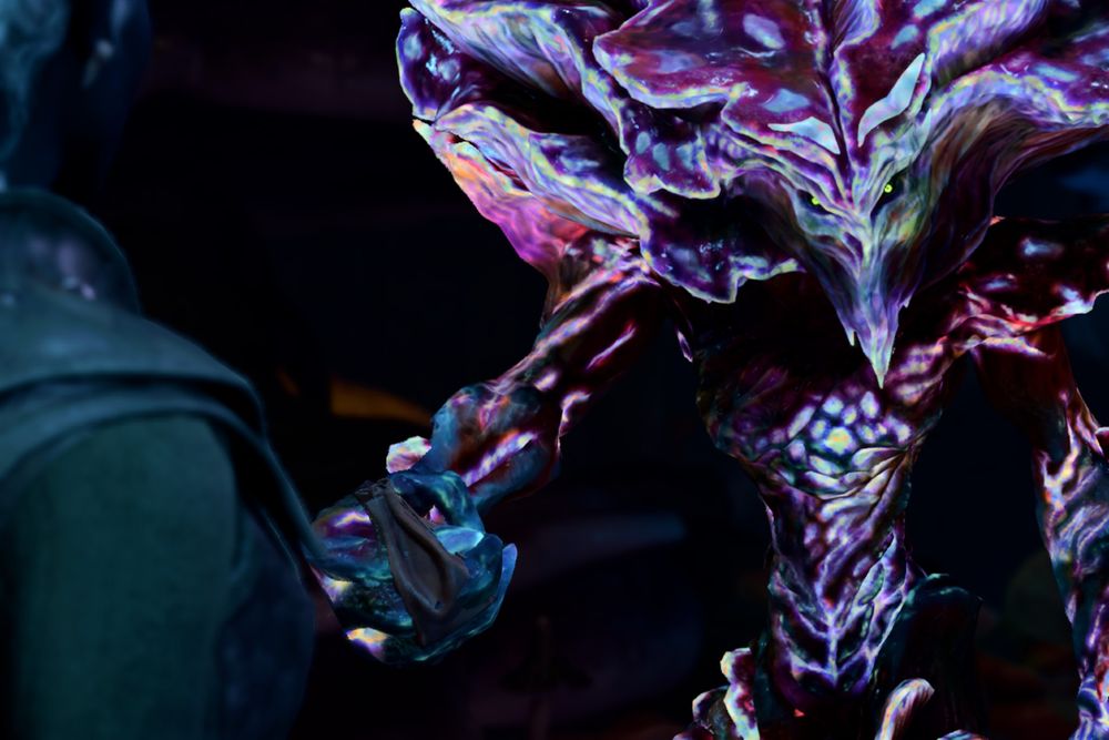 A screenshot from Baldur's Gate 3 showing Sovereign Spaw, a large pink fungal humanoid, holding out a small bag in its outstretched hand