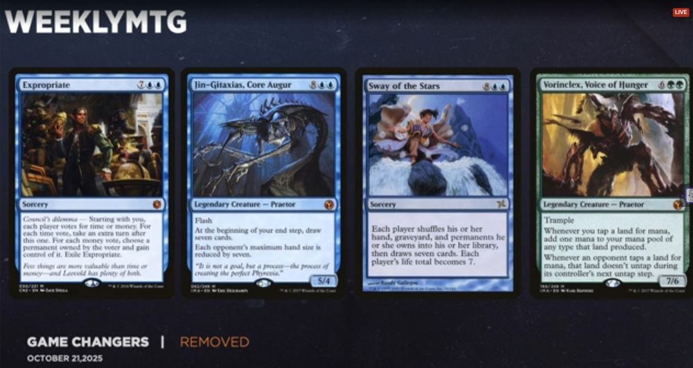 Game changers list removed cards showing Expropriate, Jin-Gitaxias Core Augur, Sway of the Stars, and Vorinclex Voice of Hunger