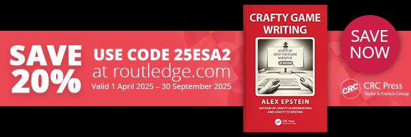 A banner that says you can get 20% off of Crafty Game Writing by using code 25ESA2 at routledge.com.
