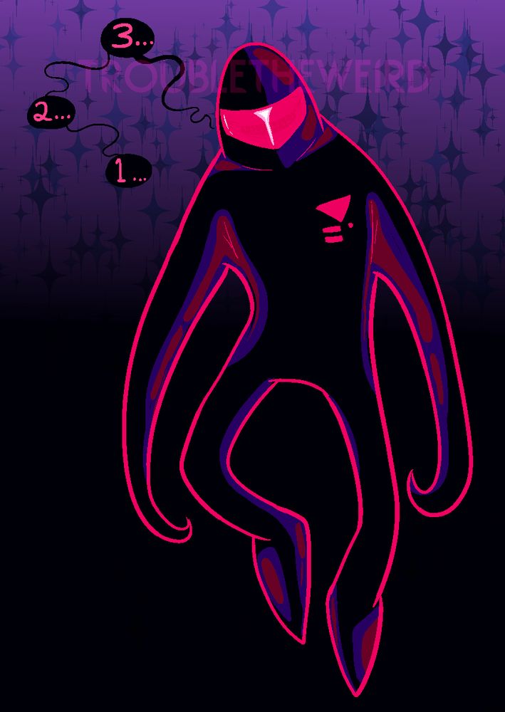A very dark blue Starman enemy from Earthbound with purple and red counter shading. He is flashing a menacing smile and counting down.