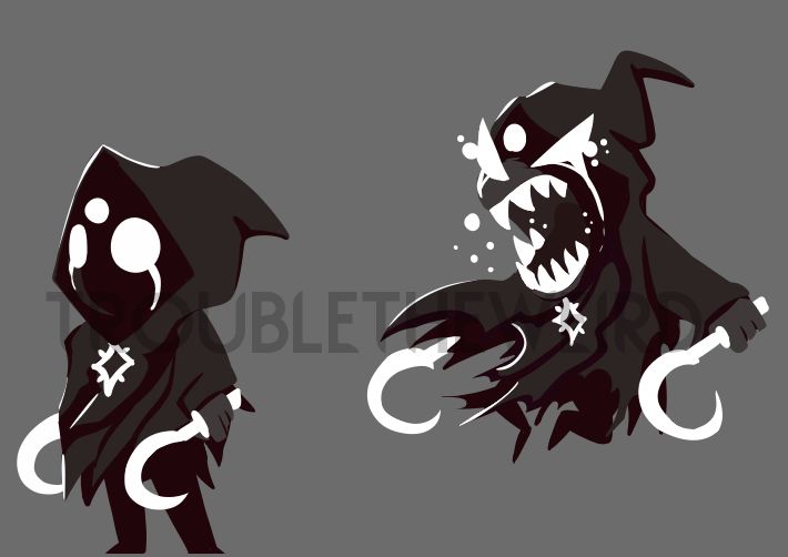 A three-eyed Reaper-esque character in a greyscale colour palette. On the right, he is standing neutral, with two sickles at his side. On the left, he looks dishevelled, and is yelling, bearing his teeth while jumping through the air. Little teardrops are around his eyes and spittle at his mouth.
