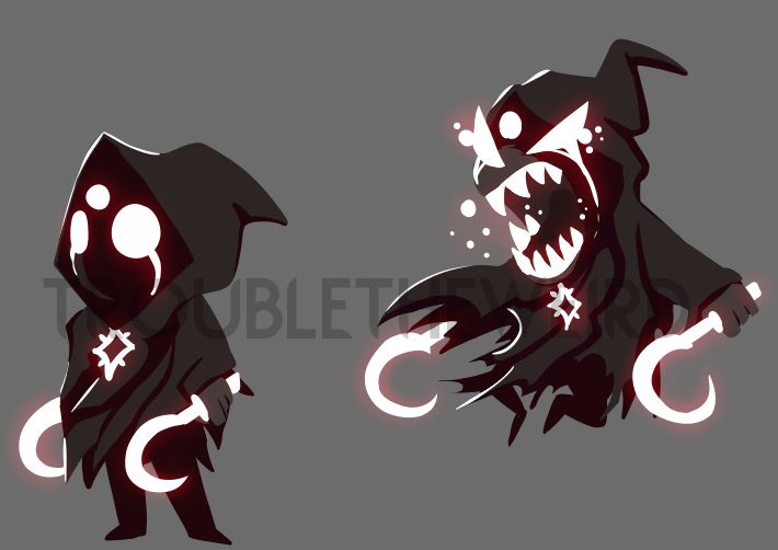 A three-eyed Reaper-esque character in a greyscale colour palette. On the right, he is standing neutral, with two sickles at his side. On the left, he looks dishevelled, and is yelling, bearing his teeth while jumping through the air. Little teardrops are around his eyes and spittle at his mouth. His eyes, teeth, sickles, and diamond shaped broach glow red.