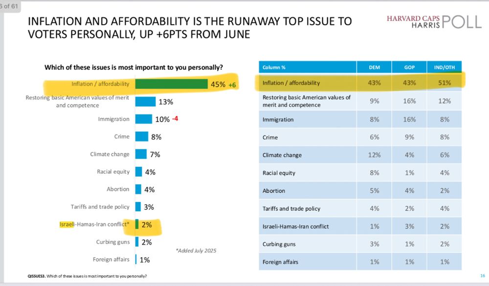 A July 2025 Harvard Caps Harris Poll showing 45% of Americans cite inflation/affordability as their top issue -Inflation/Affordability 45% -Restoring basic American values of merit and competence 13% -Immigration 10% -Crime 8% -Climate change 7% -Racial equity 4% -Abortion 4% -Tariffs and trade policy 3% -Israel/Hamas/Iran conflict 2% -Curbing guns 2% -Foreign affairs 1%