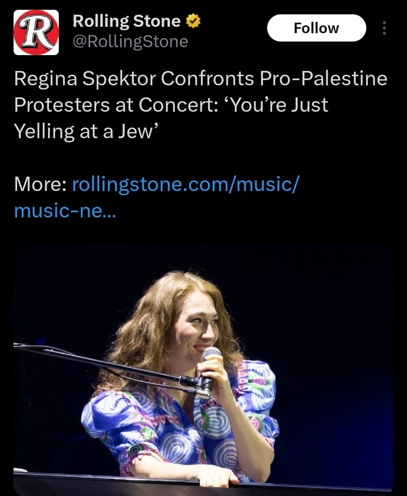 screenshot of a NY POST article about Regina Spektor saying "youre just yelling at a jew!" to people who brought up Palestine at her concert, before Spektor had them thrown out